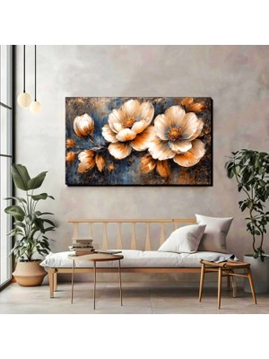 3D Dokulu Çiçek Kanvas Tablo — Gold & Krem Çiçek Tasarımı