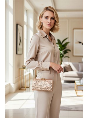 Benerly Kadın Simli Parti Clutch Çanta Zincir Askılı Düz Desen Kapaklı Kapanış Mekanizmalı Model