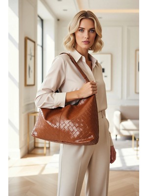 Benerly Kadın Büyük Beden Örgü Desenli Maksi Kese Omuz Çanta Görünümlü Dokuma Yapılı Günlük