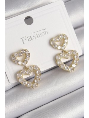 VeraGlobe Buğz Pirinç Gold Renk Zirkon Taşlı Sallantı Kalp Model Kadın Küpe