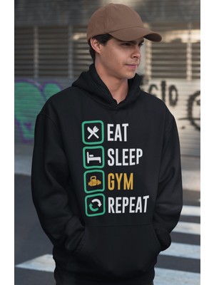 Sevbano Eat Sleep Gym Repeat Bodybuilding Fitness Gym Baskılı Unisex Oversize Sporcu Hoodie