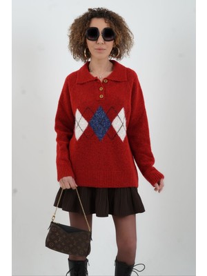 Zelish My Sister Kırmızı Polo Yaka Baklava Desen Kazak