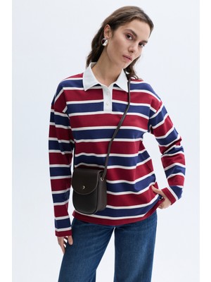 MUDO Loose Fıt Çizgili Polo Yaka Sweatshırt