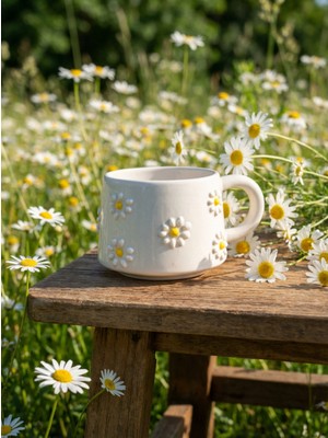 Nivra Grup El Yapımı Seramik Kupa Bardak – Kabartmalı Papatya Desenli Kahve Kupası 190 ml
