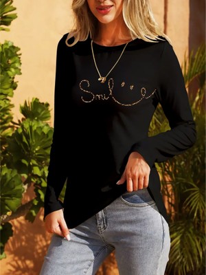 Etiler Collection Kadın Uzun Kollu Bisiklet Yaka Gülümseyen Surat Desenli Viskon Bluz