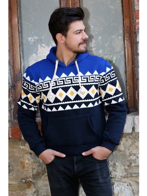 buğrahayalin Üç Iplik Şardonlu Kapşonlu Kanguru Cepli Baklava Desenli Erkek Günlük Sweatshirt