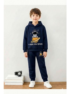 Machi Astronot Baskılı Pamuklu Içi Şardonlu Erkek Kız Unisex Çocuk Kapüşonlu Eşofman Takımı - Lacivert
