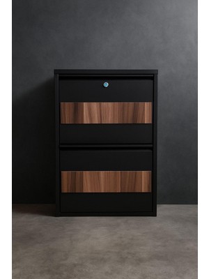 Karlı 2'li Kilitli Siyah Metal Ayakkabılık Ahşap Desenli