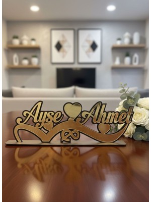 Ferza Mobilya Kişiye Özel Gold Aynalı Pleksi Isimlik - Ahşap Destekli Dekoratif Masa Söz Nişan Masa Süsü 42X15 cm