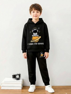 Machi Astronot Baskılı Pamuklu Içi Şardonlu Erkek Kız Unisex Çocuk Kapüşonlu Eşofman Takımı - Siyah