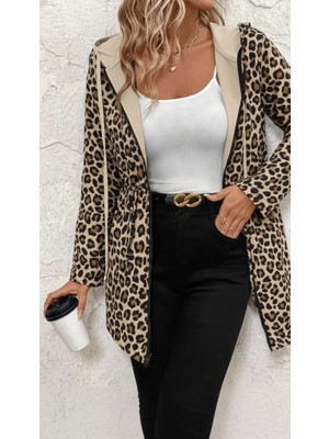 Yeşil Sarmaşık Kadın Uzun Kollu Kapşonlu Çift Taraflı Cepli Bağcıklı Fermuarlı Viskon Iki Iplik Ceket