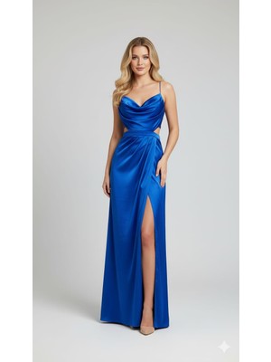 Lavinsis Ip Askılı Drapeli Derin Yırtmaçlı Bel Detaylı Elbise