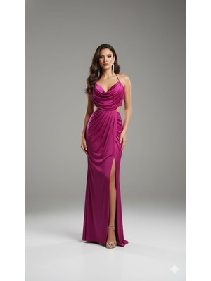 Lavinsis Ip Askılı Drapeli Derin Yırtmaçlı Bel Detaylı Elbise