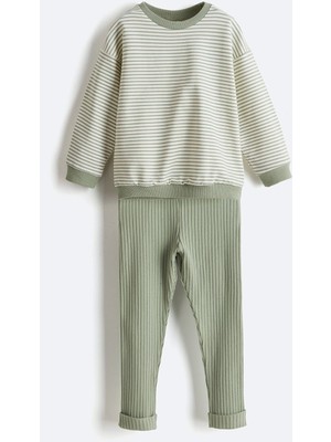 Lc Waikiki Yeni Sezon Çizgili Kız Bebek Sweatshirt ve Tayt 2'li
