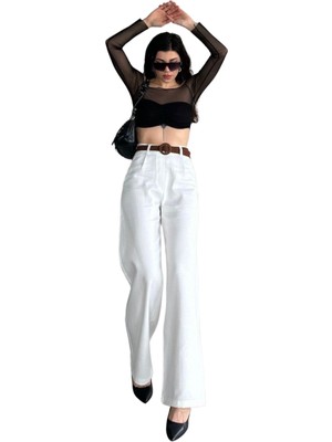 Beli Kemerli  Pantolon - Beyaz