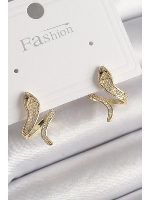 Karahanbey Pirinç Gold Renk Zirkon Taşlı Yılan Model Kadın Küpe - Lisinya