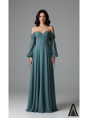 Lavinsis Drapeli Kalp Yaka Transparan Yan Detaylı Balon Kol Şifon Kiloş Abiye Elbise