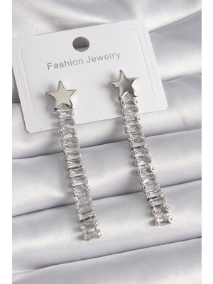 Karahanbey Pirinç Gümüş Renk Yıldız Model Su Yolu Zirkon Taş Kadın Küpe - Lisinya