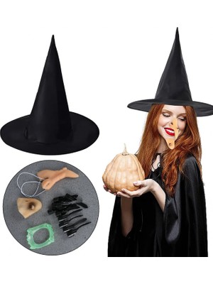 Marsilyan Cadı Kostüm Seti - Cadı Şapkası, Cadı Tırnakları, Cadı Burnu, Cadı Çenesi, Cadı Dişi