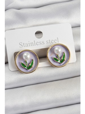 Karahanbey Pirinç Mor Mineli Lale Figürlü Sanatsal Portre Model Gold Renk Kadın Küpe - Lisinya