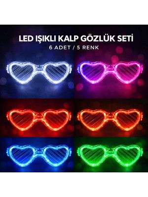 Marsilyan LED Işıklı Kalp Glow Pilli Parti Gözlüğü – 6 Adet / 5 Renk Set (4887)