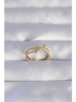 Karahanbey Pirinç Gold Renk Zirkon Taşlı Kalpli Model Ayarlanabilir Yüzük - Lisinya