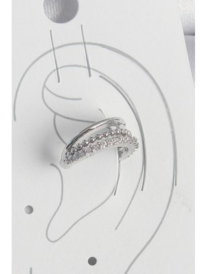 Karahanbey Pirinç Gümüş Renk Zirkon Taşlı 3'lü Sıralı Kadın Kıkırdak Küpe - Lisinya