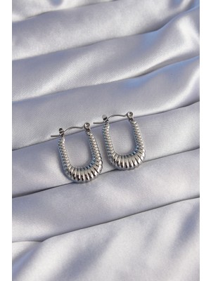 Karahanbey 316L Çelik Gümüş Renk Dikdörtgen Tasarımlı Tırtıklı Küpe - Lisinya