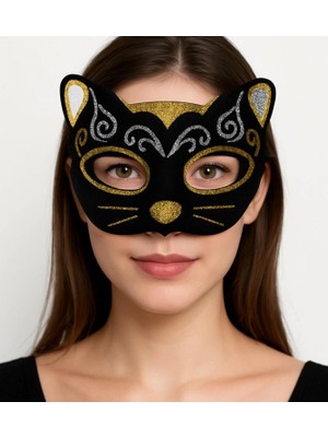 Marsilyan Kadife Dokulu Simli Kedi Maskesi Altın Gümüş Detaylı