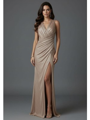 Lavinsis Kruvaze Yaka Drapeli Derin Yırtmaçlı Balık Model Elbise