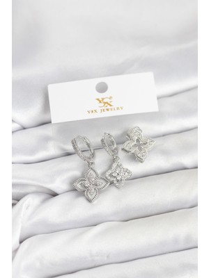 Karahanbey Pirinç Gümüş Renk Yonca Model Ysx Trio Küpe Seti - Lisinya