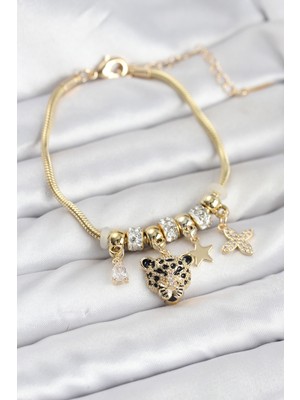 Nehir Pirinç Gold Renk Kaplan Model Charmlı Kadın Bileklik