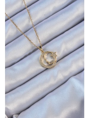 Nehir 316L Çelik Zincir Altın Renk Zirkon Taşlı Ay Yıldız Simgeli Atatürk Kolye