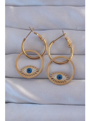 Karahanbey 316L Çelik Gold Renk Zirkon Taşlı Göz Tasarımlı Halka Küpe - Lisinya