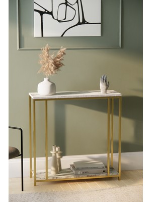 Solto Home AF18-25 Midas Beyaz Mermer Desen Gold Metal Dresuar Konsol