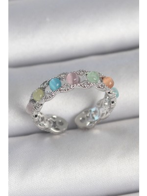 Karahanbey Pirinç Gümüş Renk Renkli Mineli Ayarlanabilir Kadın Yüzük - Lisinya