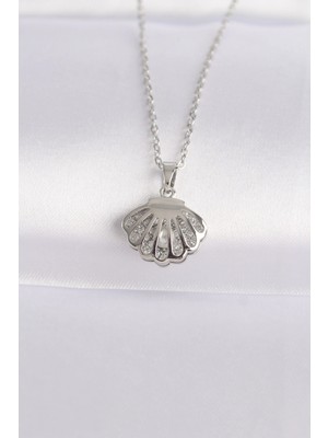 Shopwave 316L Çelik Zincir Gümüş Renk Zirkon Taşlı Inci Detay Istiridye Kolye