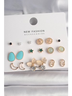 Karahanbey Pirinç Gold Renk Zirkon Taşlı Fiyonk Hilal Figür 9 Çift Kadın Küpe Seti - Lisinya