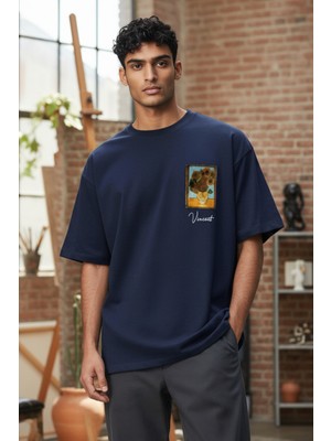 Strength Wear Sunflowers Baskılı Oversize Lacivert T-Shirt