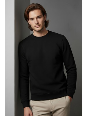 Modanı Seç Unisex Kışlık Siyah Üç Iplik Şardonlu Kalın Bisiklet Yaka Basic Sweatshirt