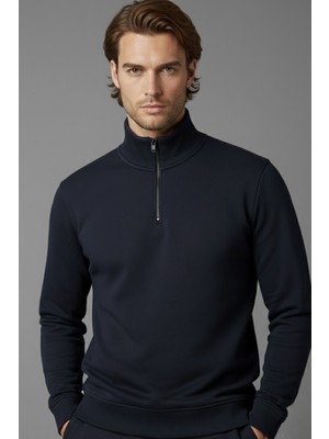 Modanı Seç Unisex Kışlık Lacivert Yarım Fermuarlı Dik Yaka 2 Iplik Basic Sweatshirt