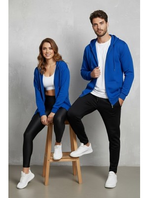 Modanı Seç Unisex Saks Mavi Oversize Kalıp 2 Iplik Kapüşonlu Fermuarlı Sweatshirt Ceket Hırka