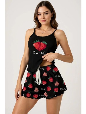 Modanı Seç Çilek Baskılı Siyah Askılı Şortlu Pijama Takımı