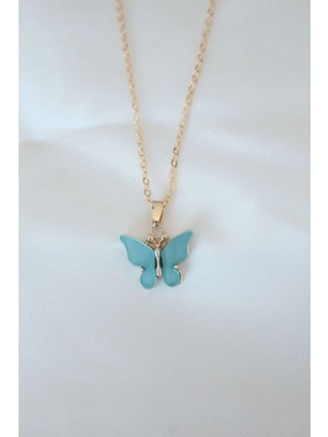 Marsilyan Gold Kaplama Turkuaz Renk Sedefli Kelebek Kolye - TJ-BKO6437