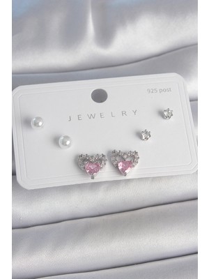 Karahanbey Pirinç Gümüş Renk Pembe Zirkon Taşlı Kalp Model Inci Detay 925 Ayar Gümüş Çivi Kadın Küpe Seti - Li