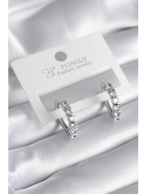 Karahanbey Pirinç Gümüş Renk Zirkon Taşlı Halka Model Kadın Küpe - Lisinya