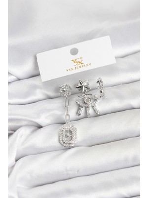 Karahanbey Pirinç Gümüş Renk Göz ve Kutup Yıldızı Model Ysx Trio Küpe Seti - Lisinya