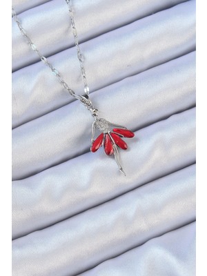 Karahanbey 316L Çelik Zincir Gümüş Renk Kırmızı Etekli Zirkon Taşlı Balerin Kolye - Lisinya