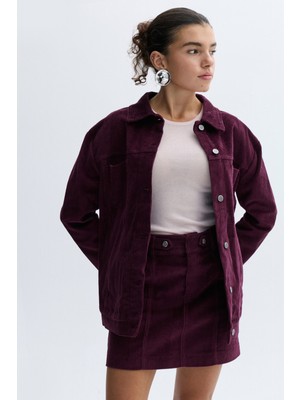 Kadın Mürdüm Oversize Kadife Dokulu Trucker Ceket