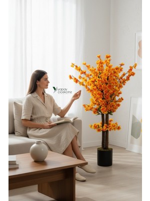 PremiumPort Gri Saksıda 100 cm Renkli Yapay Bahar Dalı Ağacı, Dekoratif Bitki